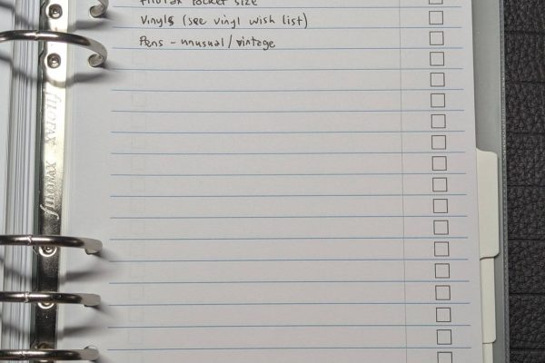 A5 Filofax car boot wish list.